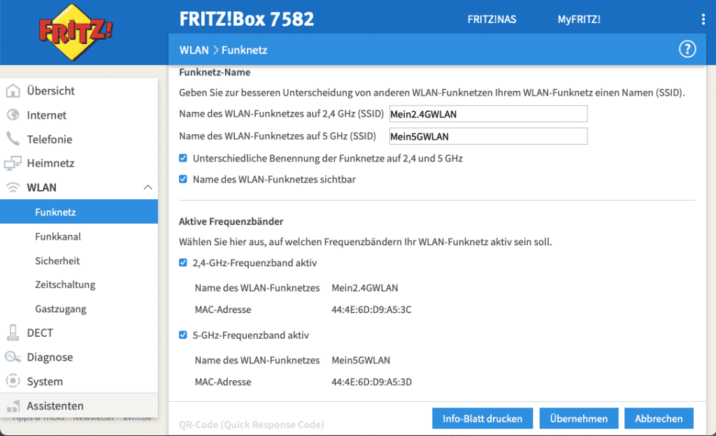 WLAN-Frequenzband wechseln: Benutzeroberfläche der Fritzbox