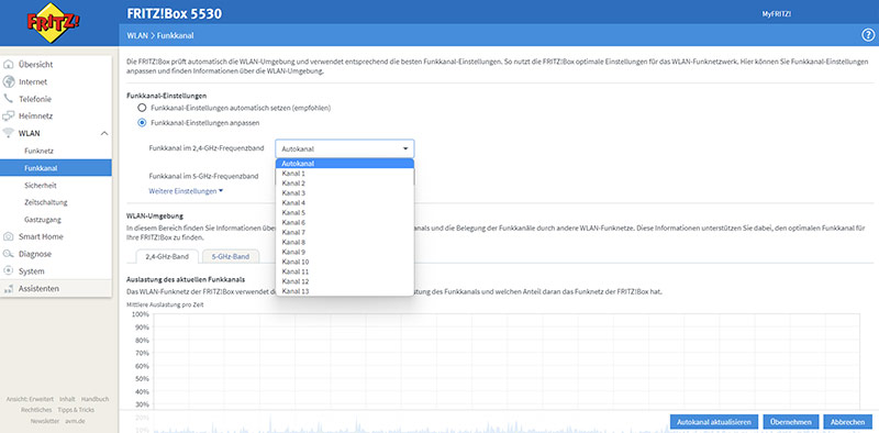 WLAN-Kanal wählen bei 2,4 GHz: Benutzeroberfläche der Fritzbox