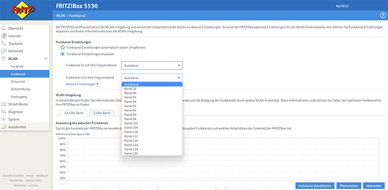 WLAN-Kanal wählen bei 5 GHz: Benutzeroberfläche der Fritzbox