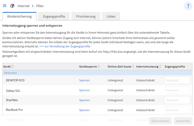 Kindersicherung Fritzbox Zugangsprofile