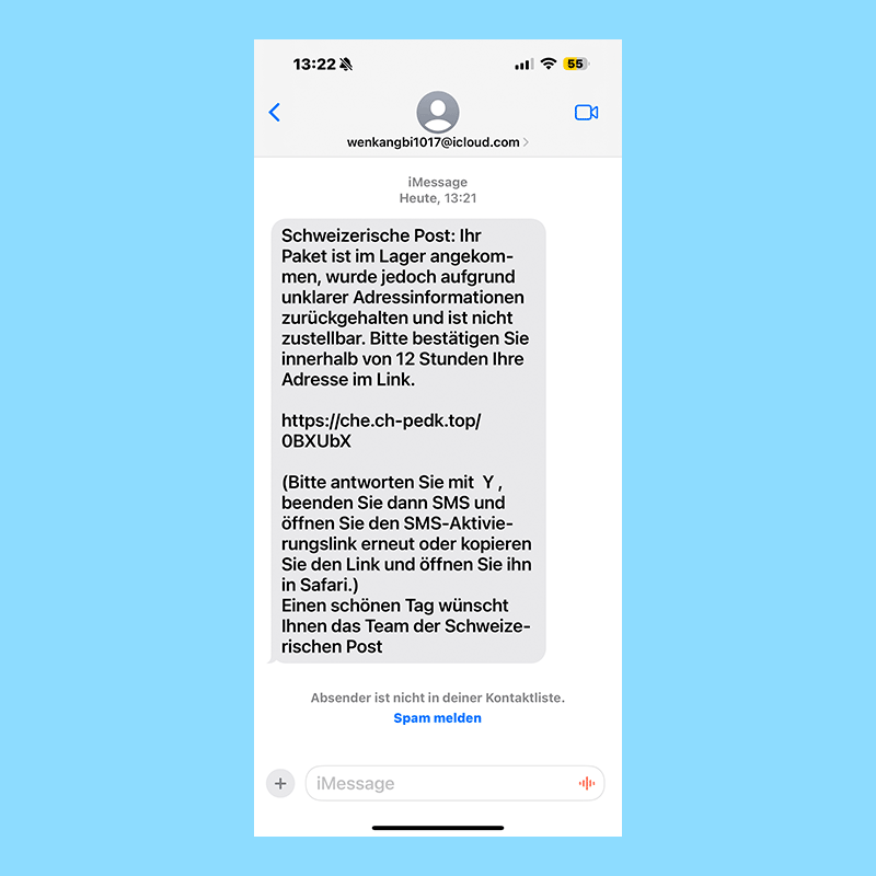 Beispiel Smishing-Nachricht von der Schweizerischen Post